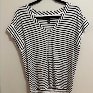 White House Black Market Black and White Striped V-Neck Tee Small